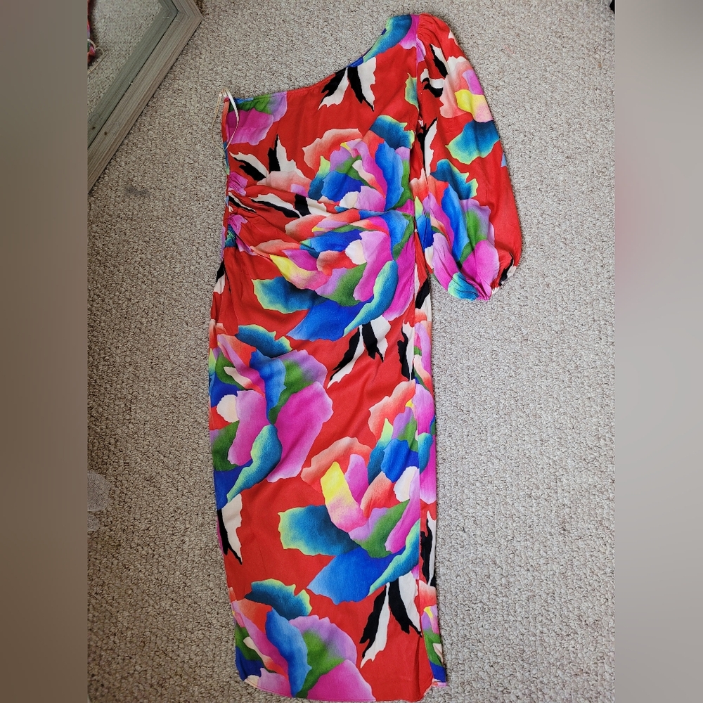 FARM Rio One-Shoulder Floral Midi Dress in Red with Multicolor Blooms - Picture 6 of 9